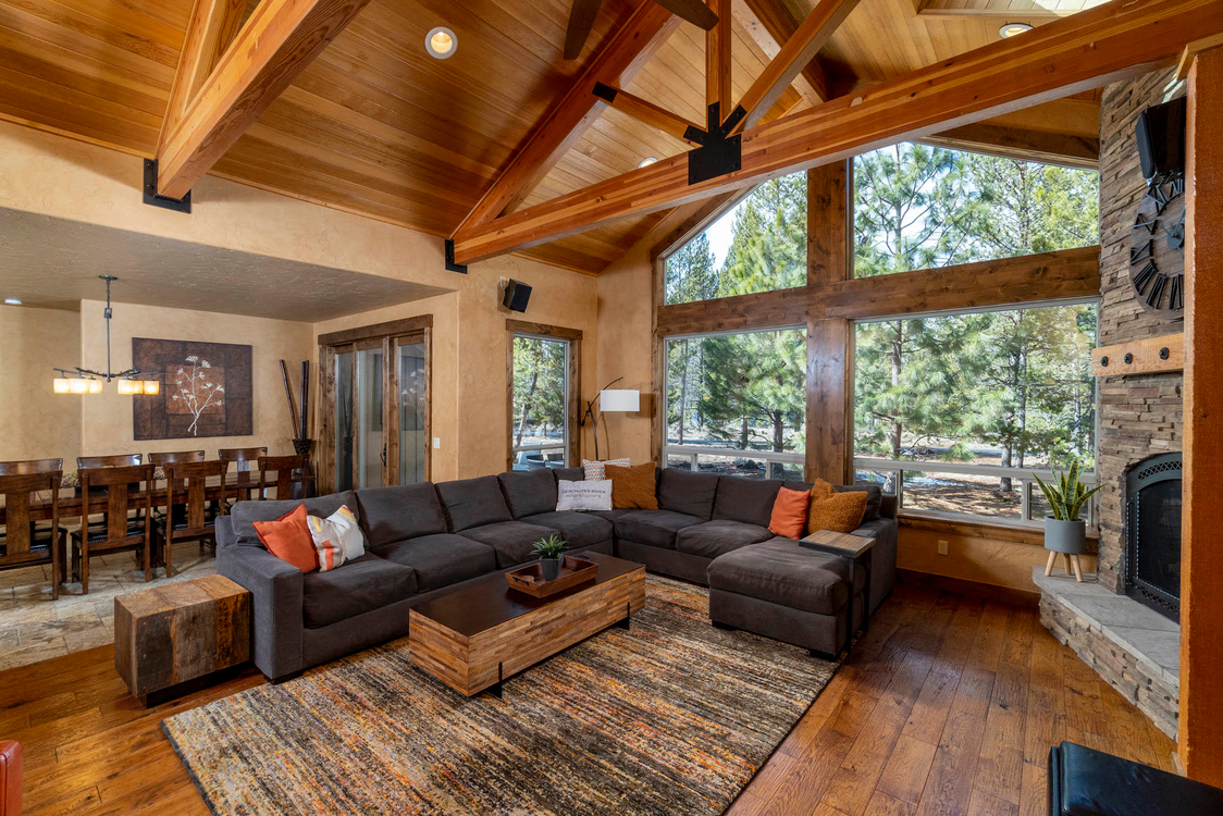 Great Room with fireplace and expansive views